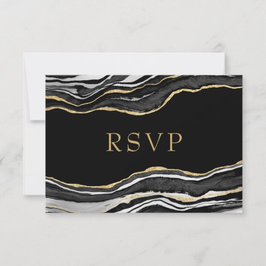 Zwarte marmer Agate Gold Glitter Wedding RSVP (Voorkant)