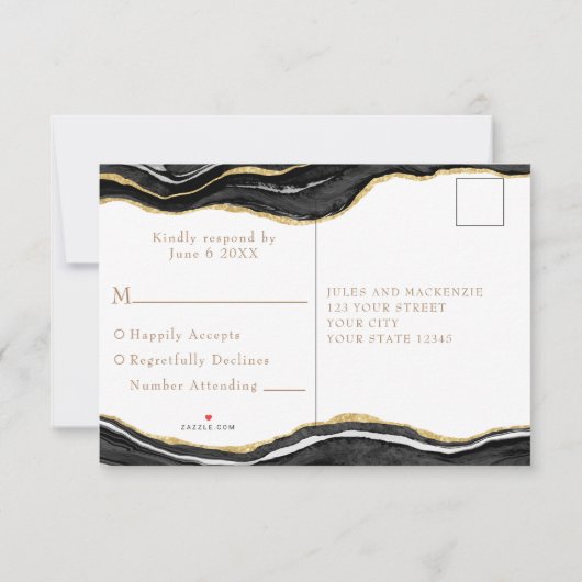 Zwarte marmer Agate Gold Glitter Wedding RSVP (Achterkant)