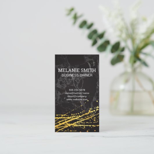 Zwarte marmer | Artistiek goud spatwerk Visitekaartje (Staand voorkant)