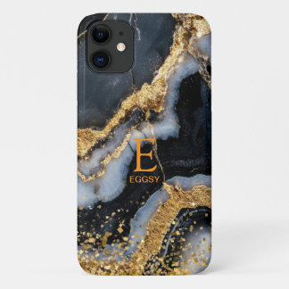 Zwarte marmer chique gouden glitters monogram Case-Mate iPhone case