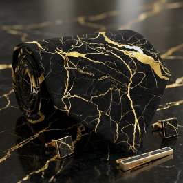 Zwarte Marmer en Gouden Aders Elegant Patroon Stropdas