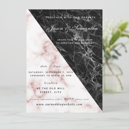 Zwarte marmer en roze gouden koraal bruiloft kaart (Staand voorkant)