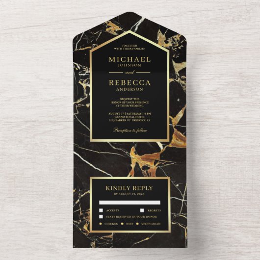 Zwarte marmer Faux Gold Foil Weddenschap All In One Uitnodiging (Binnen)