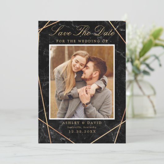 Zwarte marmer Gold Geometric foto slaat de datum o Save The Date (Staand voorkant)
