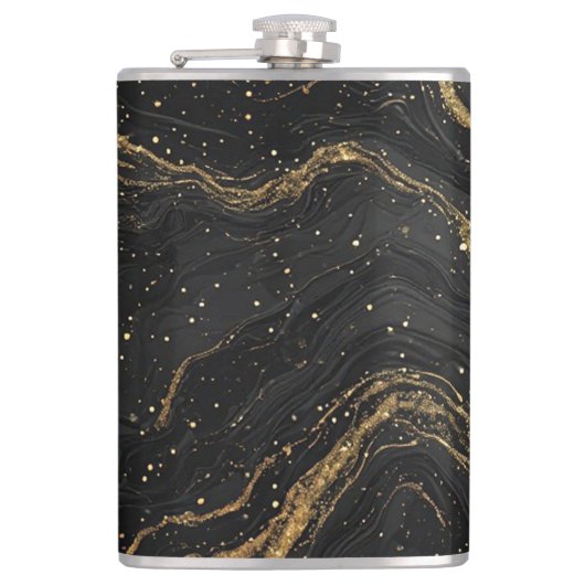 Zwarte Marmer Gouden Aderen Luxe Abstract Heupfles (Voorkant)