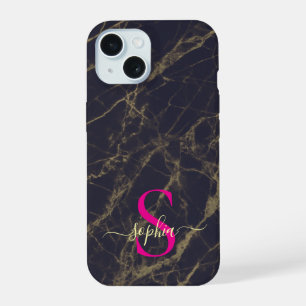zwarte marmer gouden glitters monogram iPhone 15 case