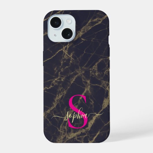 zwarte marmer gouden glitters monogram iPhone 15 case (Achterkant)