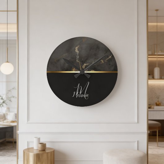 Zwarte marmer gouden monogram ronde klok
