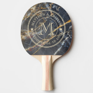 Zwarte Marmer & Gouden Stenen Trouw Monogram Ster Tafeltennisbatje