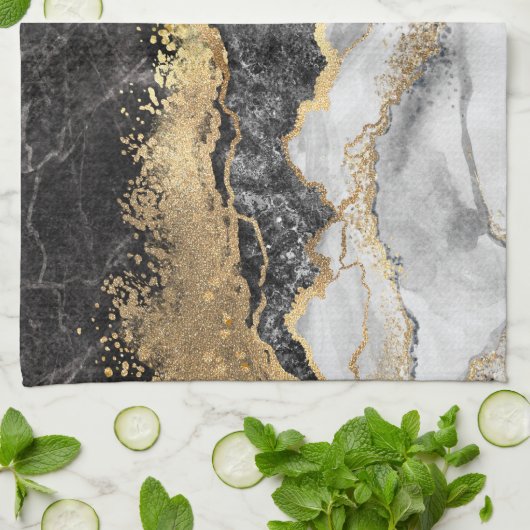Zwarte marmer met Gold  Theedoek (Gevouwen)