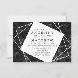 Zwarte marmer met White Geometric Wedding Invite Kaart