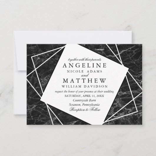 Zwarte marmer met White Geometric Wedding Invite Kaart (Voorkant)