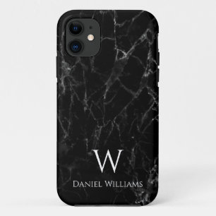 Zwarte marmer Monogram Witte Naam Modern Elegant Case-Mate iPhone Case