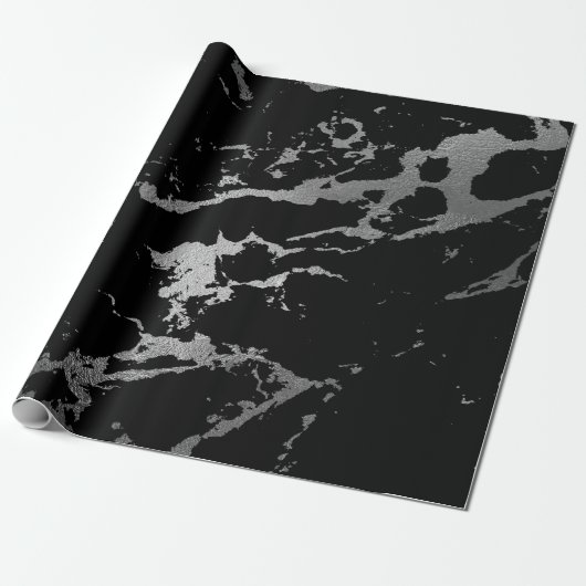 Zwarte marmer Silver Shiny Deep Gray Shadows Cadeaupapier (Uitgerold)