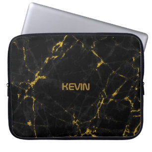 Zwarte marmer Stone Texture Gold Accents Laptop Sleeve