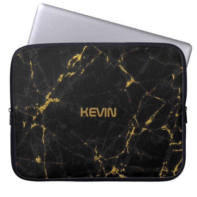 Zwarte marmer Stone Texture Gold Accents Laptop Sleeve (Voorkant)