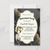 Zwarte marmer, wijnglas, ballonnen, pensionering kaart (Voorkant)