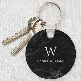 Zwarte Marmer Witte Monogram Initiaal & Naam Elega Sleutelhanger