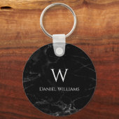 Zwarte Marmer Witte Monogram Initiaal & Naam Elega Sleutelhanger (Voorkant)