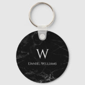 Zwarte Marmer Witte Monogram Initiaal & Naam Elega Sleutelhanger (Achterkant)