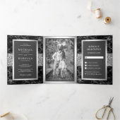 Zwarte Marmer Zilver Glitter Donkergrijze Huwelijk Drieluik Uitnodiging (Binnen)