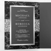 Zwarte Marmer Zilver Glitter Donkergrijze Huwelijk Drieluik Uitnodiging (Binnenzijde eerst)
