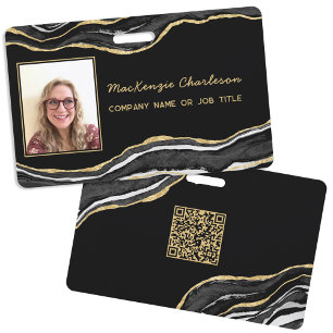 Zwarte Marmeren Agaat Geode QR Code Foto ID Naam Badge