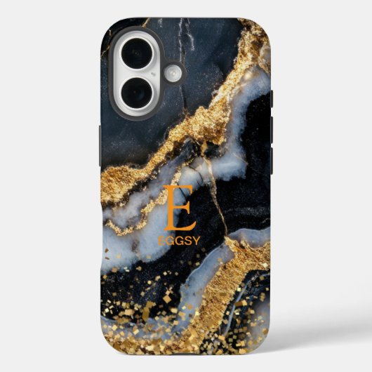 Zwarte marmeren chic gouden glitter monogram Case-Mate iPhone case (Achterkant)