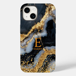 Zwarte marmeren chique gouden glitter monogram Case-Mate iPhone 14 hoesje