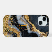 Zwarte marmeren chique gouden glitters monogram iPhone 15 case (Achterkant horizontaal)
