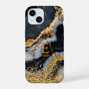 Zwarte marmeren chique gouden glitters monogram iPhone 15 case