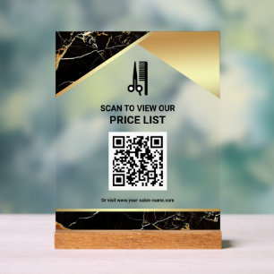 Zwarte Marmeren Haar Make-up Salon QR Code Prijsli Acryl Bord