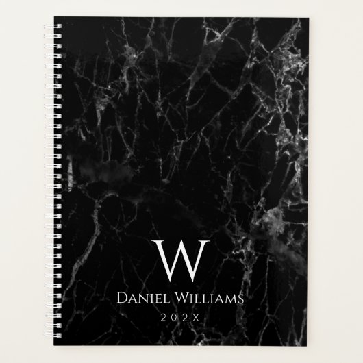 Zwarte Marmeren Monogram Naam Witte Initiaal Moder Planner (Voorkant)