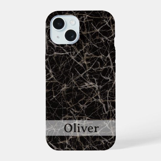 Zwarte marmeren steen textuur & eigen naam iPhone 15 case (Achterkant)