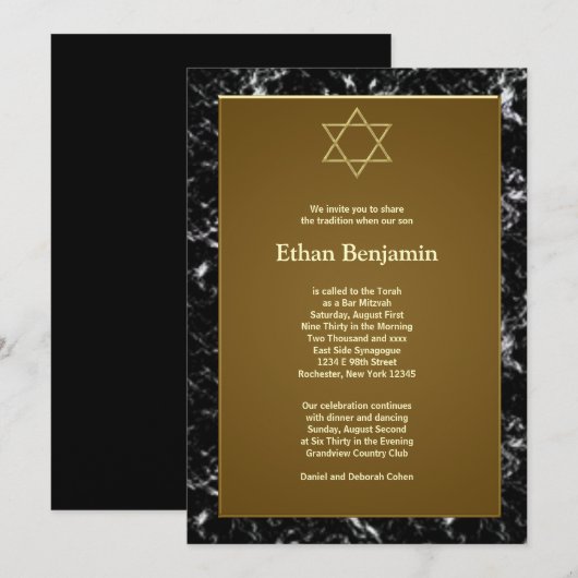 Zwarte marmeren ster van David Bar Mitswa Kaart (Voorkant / Achterkant)