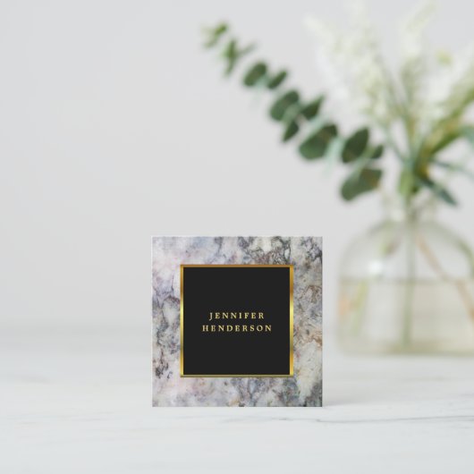 Zwarte marmergoudprofessional vierkante visitekaartje (Staand voorkant)
