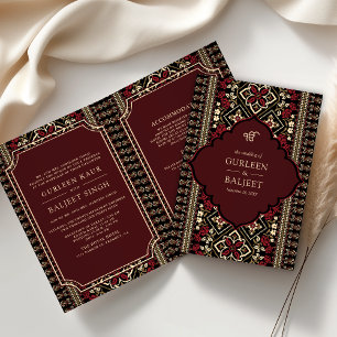 Zwarte Maroon Rode Ikat All in One Sikh Huwelijk