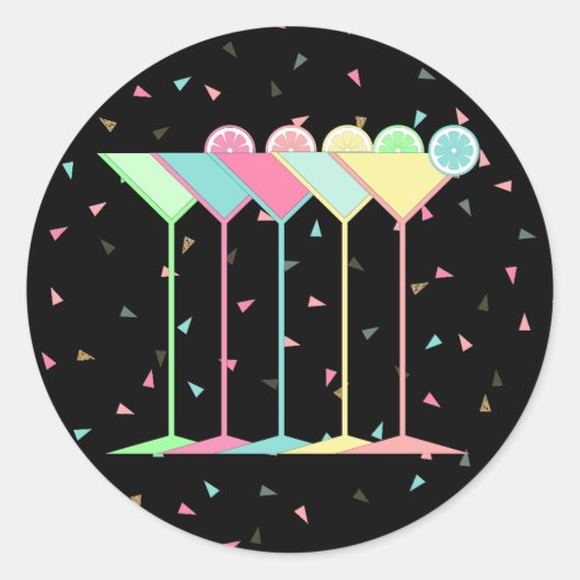 Zwarte Martini Cocktail Feest Confetti Ronde Sticker (Voorkant)
