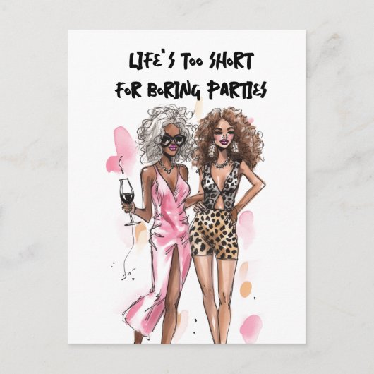 Zwarte meiden leopard en roze outfit party briefkaart (Voorkant)