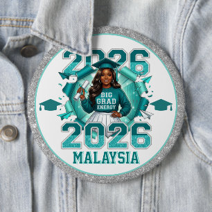 Zwarte Meisje Grote Afstudeerenergie Teal 2026 Ronde Button 6,0 Cm