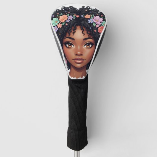 Zwarte Meisjes Golf speelse bloemrijke afro Golfheadcover (Voorkant)