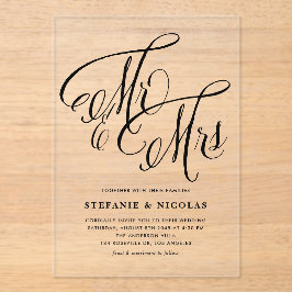 Zwarte meneer en mevrouw Rustic Calligraphy Trouwe Acryl Uitnodigingen