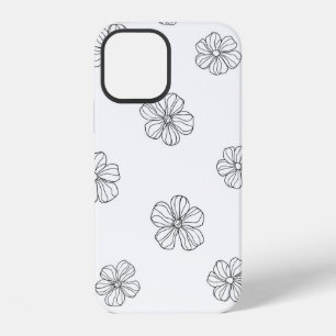 Zwarte met de hand getekende bloemen op witte acht iPhone 12 hoesje