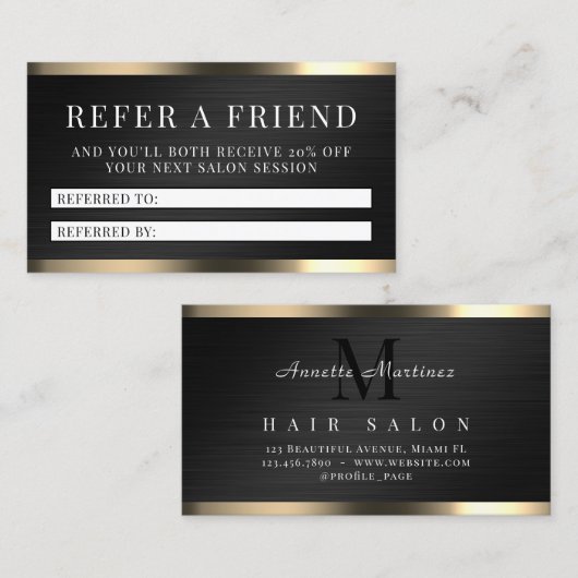 Zwarte metalen faux textuur elegante verwijzing visitekaartje (Voorkant / Achterkant)