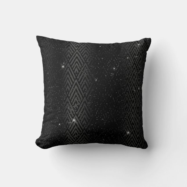 Zwarte Metallic Folie & Glitter Glam Art Deco Kussen (Voorkant)