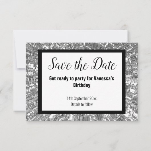 ZWARTE METALLIGE PARTIJ BEWAREN DE DATUM Wit Aankondiging (Voorkant)