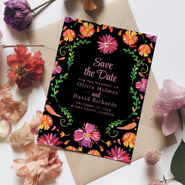 Zwarte Mexicaanse Bloemen Fiesta Datum Besparen Kaart