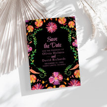 Zwarte Mexicaanse Bloemen Fiesta "Save the Date"