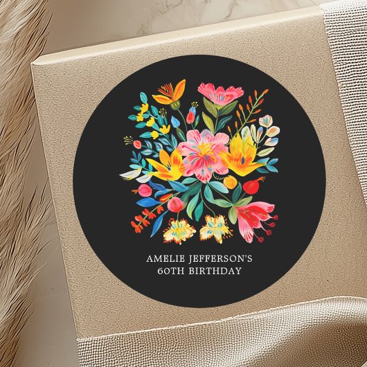 Zwarte Mexicaanse Bright Floral Fiesta Favoriet Ronde Sticker