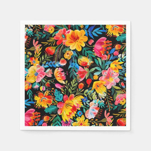 Zwarte Mexicaanse Bright Floral Fiesta Party Servet (Voorkant)